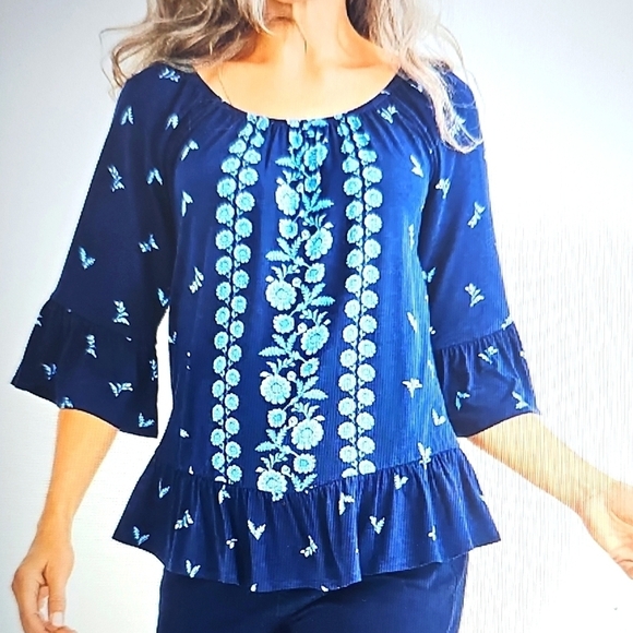 Style & Co. Tops - NWT Style & Co. Petite Printed Ruffled Top Scoop Neck 3/4 Sleeved Large Blue PL